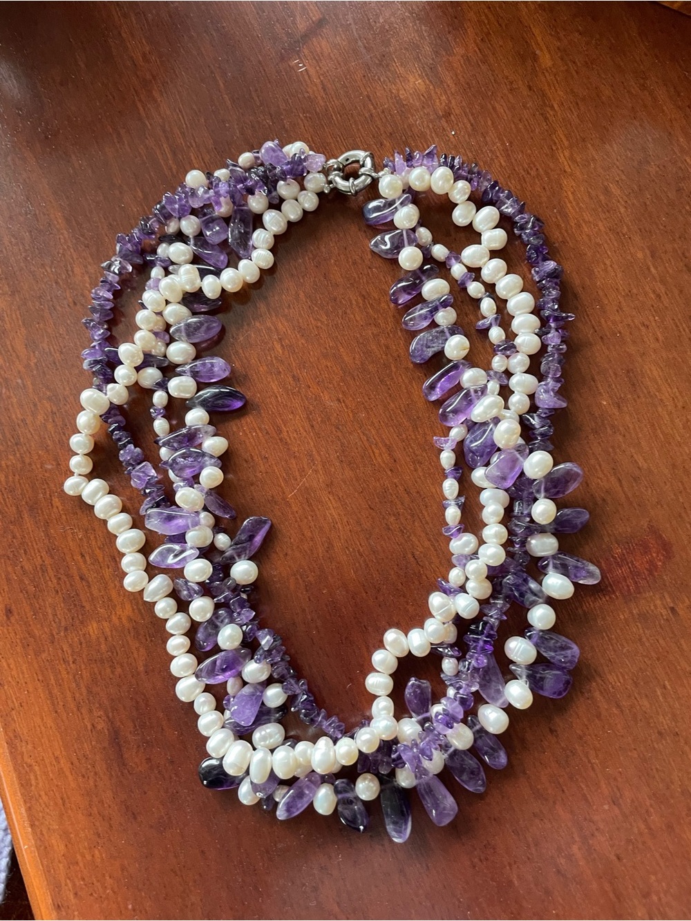 Multi-Strand x4 Artisan Purple Amethyst and White Freshwater Pearl Necklace